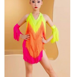 Girls colorful rainbow fringe competition latin dance dresses chilren salsa rumba chacha stage performance costumes for kids